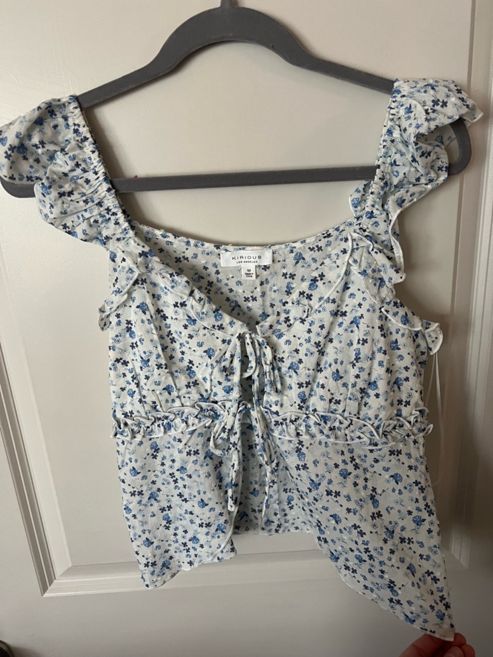 iris Blue and White Floral Tie-Front Ruffle Crop Top - Picture 2 of 4